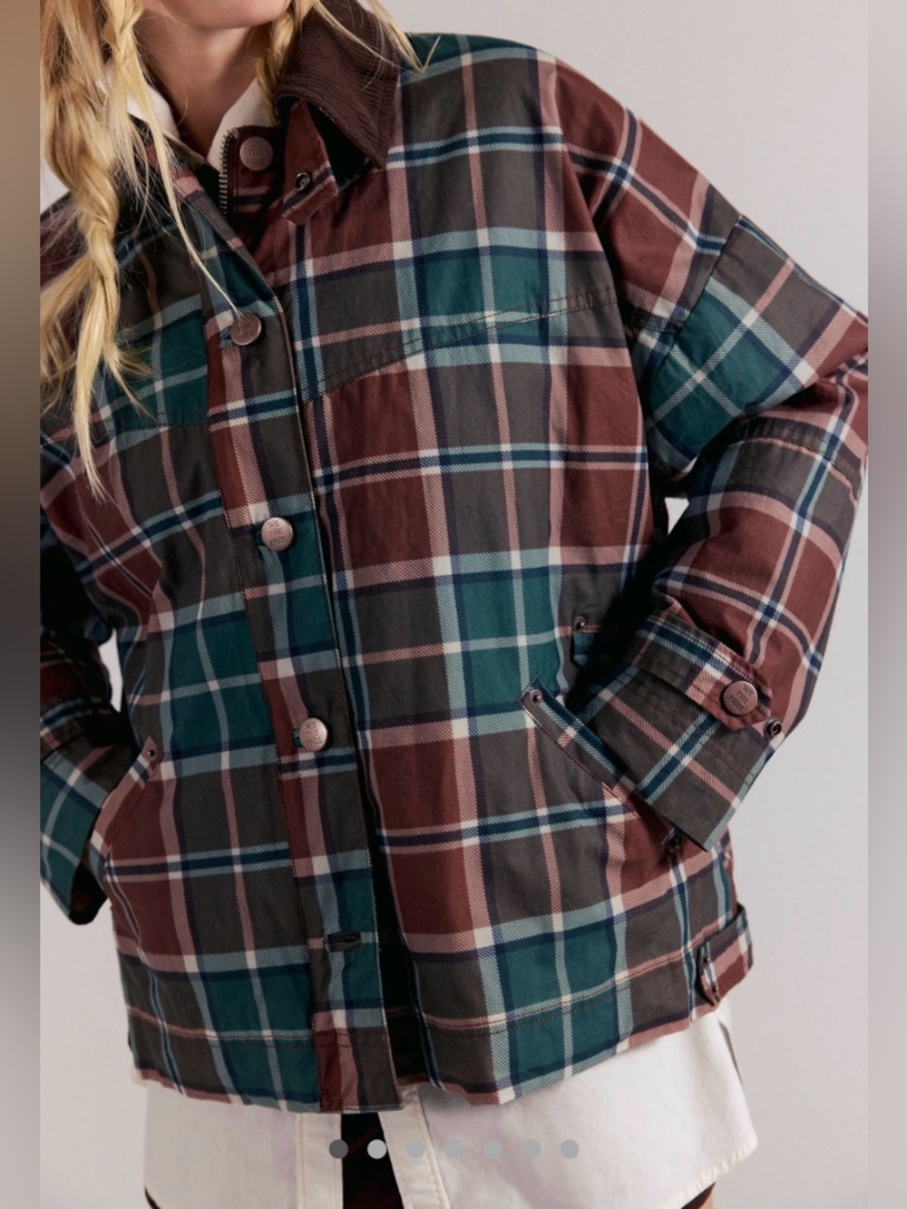 Free People Cori Waxed Printed Jacket We The Free Pockets Slouchy Plaid 2 Earth
